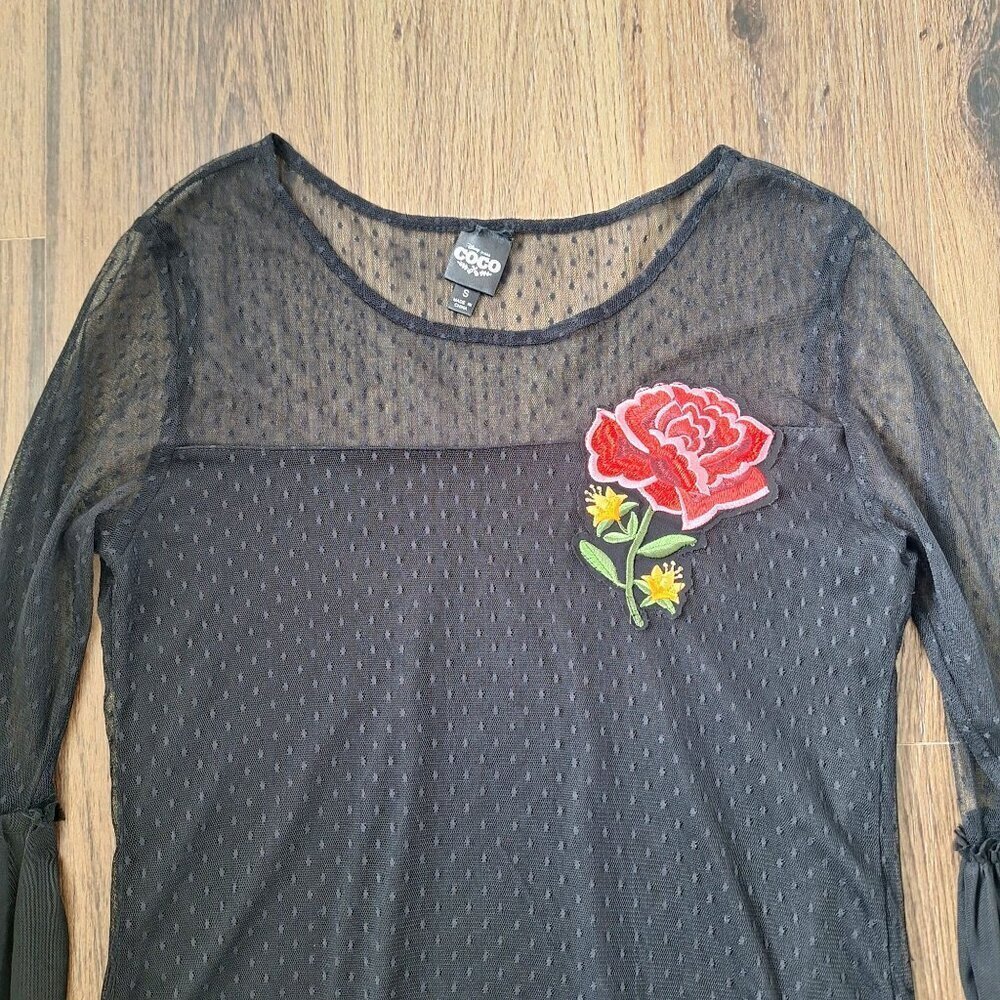 💙 Disney Coco Wide Sleeve Mesh Lined Stretchy Shirt Rose Embroidery Y2K Size S - Picture 3 of 8